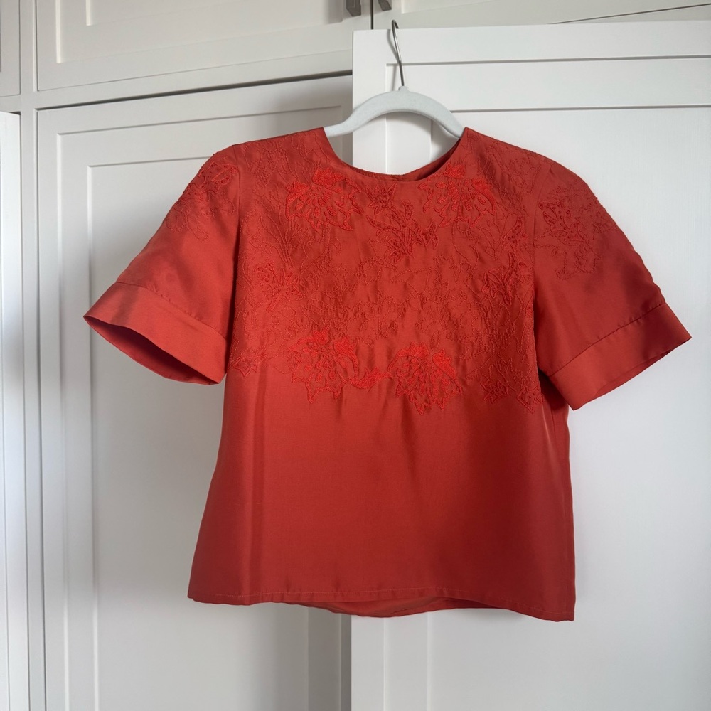 Barneys New York Coral-Red Short-Sleeve Embroidered Blouse